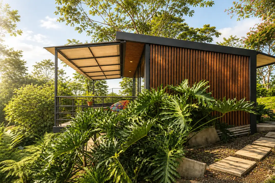 Cabaña Heliconias de madera y metal entre helechos y árboles bajo un cielo azul