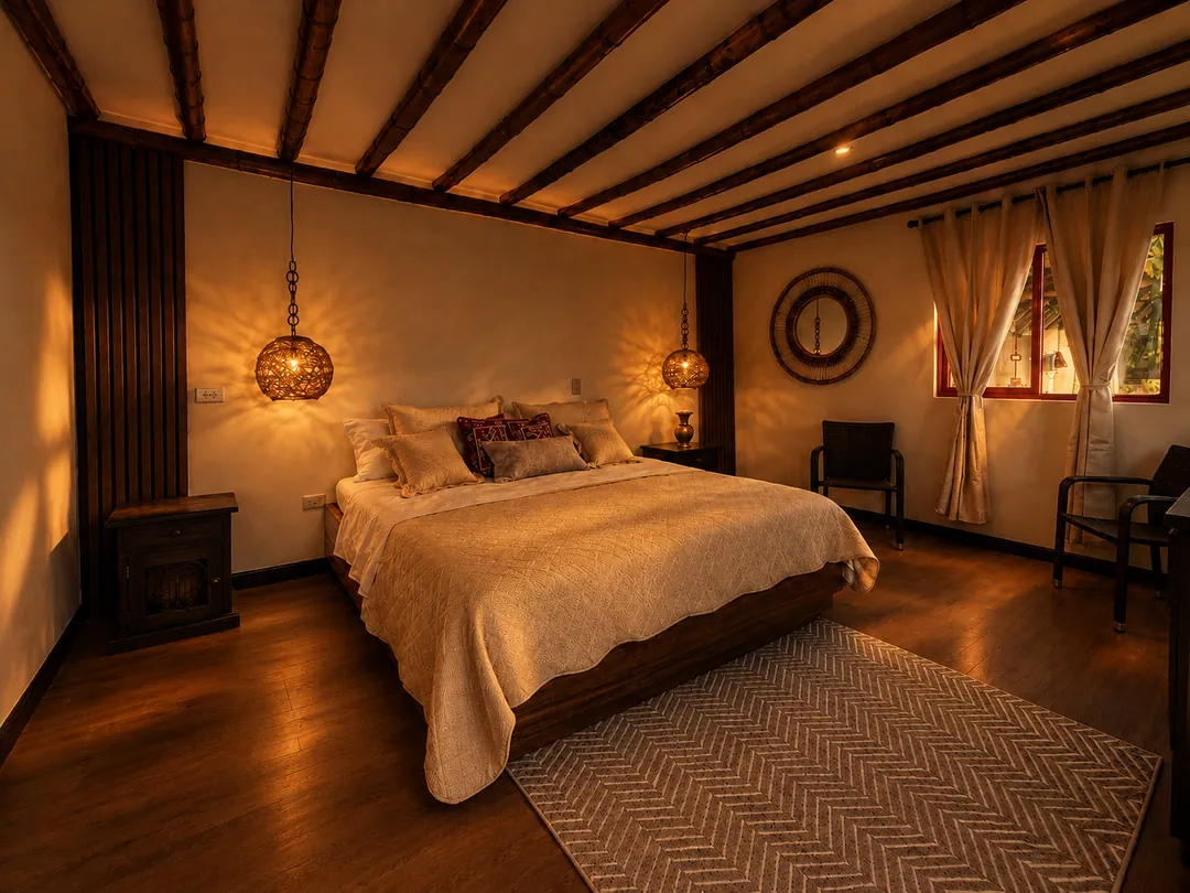 Dormitorio de la Suite Aullador con cama King, vigas de madera y luz cálida