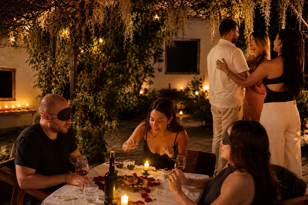 Cena sensorial a la luz de las velas en un patio, con parejas con antifaz y otra bailando