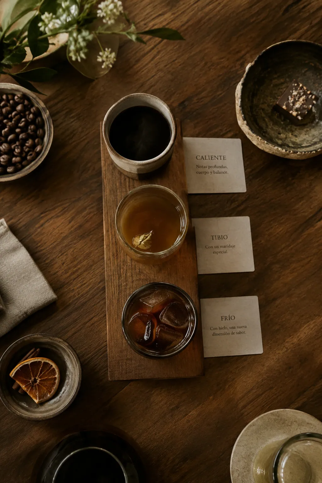 Tres cafés en tabla de madera: caliente, tibio con maridaje y frío con hielo, junto a granos de café