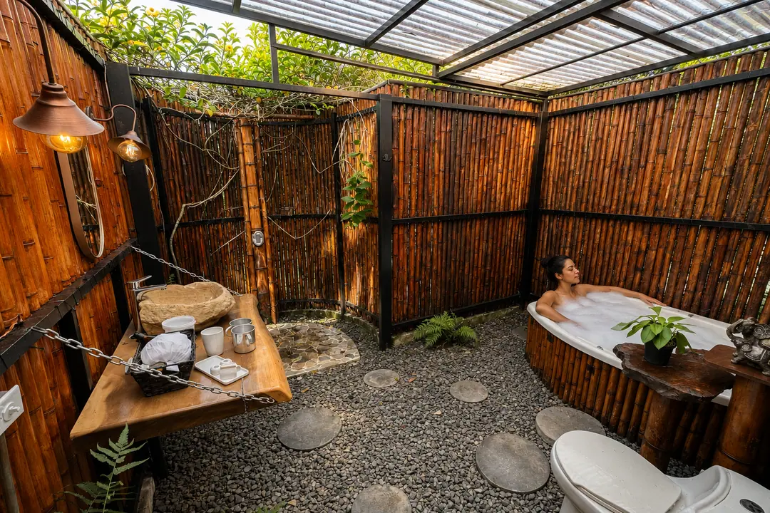 Tina de baño al aire libre con paredes de bambú y camino de piedras, para el futuro spa del hotel