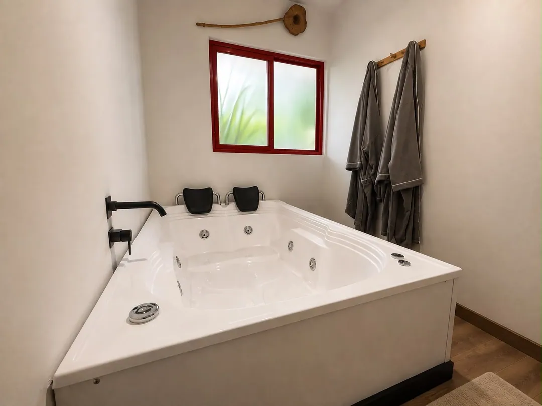 Jacuzzi con hidromasaje, batas colgadas y ventana al jardín en la Suite Colibrí